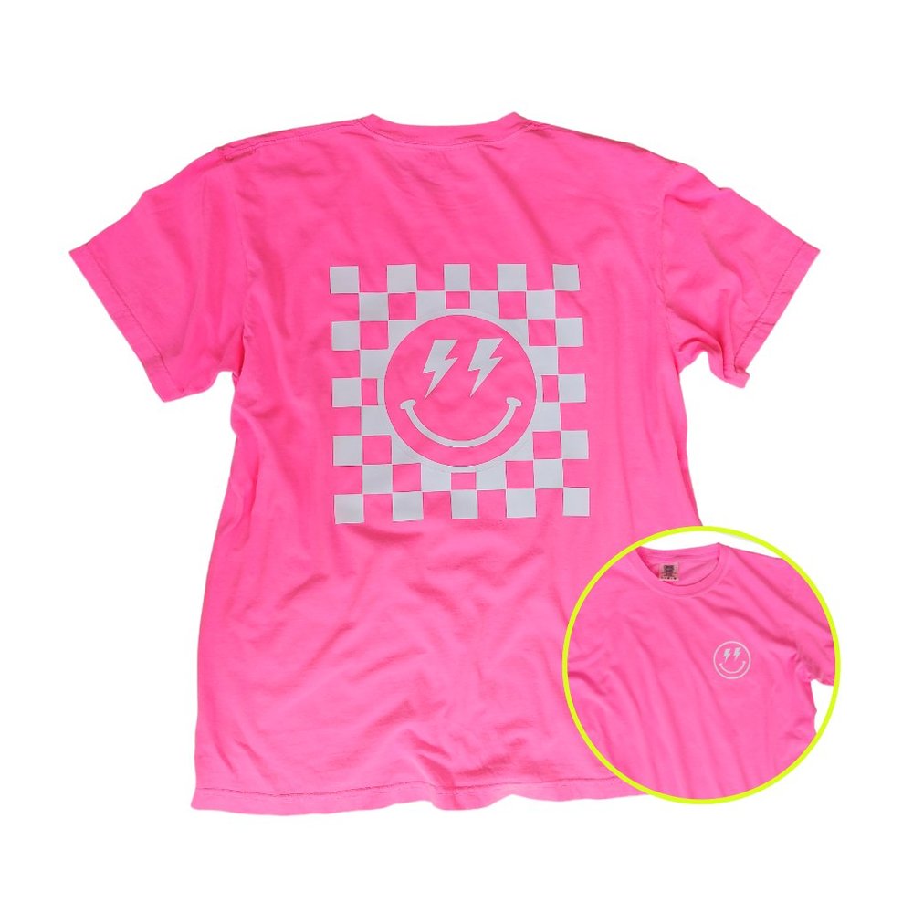 Neon Pink Smiley Face Checkerboard Lightning Bolt T-Shirt - Picture 7 of 10